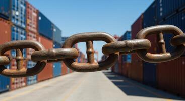 Rusty chain links in foreground, with stacked shipping containers and blue sky in soft focus background. Represents industry and global trade. photo