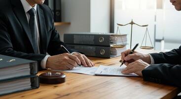 Two businessmen in suits signing a contract on a wooden desk with document folders and scales of justice, symbolizing legal agreement and professional collaboration. photo