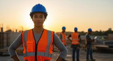 Female construction supervisor in safety vest and hardhat at sunset with construction workers in the background. Building site occupation concept. photo