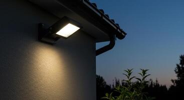 Illuminated outdoor LED light on a house wall at dusk, providing security and enhancing the exterior with energy efficient lighting technology. photo