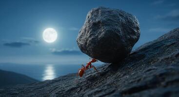 Ant carrying a large rock uphill under moonlight, symbolizing effort, determination, and perseverance against a night sky and ocean backdrop. photo