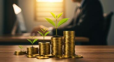 Stacks of gold coins with growing plant on wood table, businessman working on laptop at office. Investment and business growth concept. photo