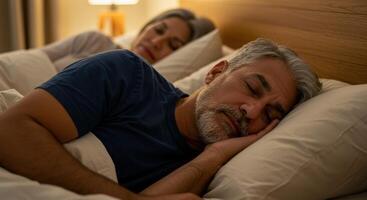 Mature couple sleeping in bed at night. Man and woman resting comfortably on pillows under the covers in bedroom with lamp. Healthy sleep and relaxation. photo