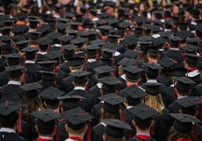 Large crowd of university graduates wearing black academic dresses and mortarboards during graduation ceremony. Education and academic success concept. photo