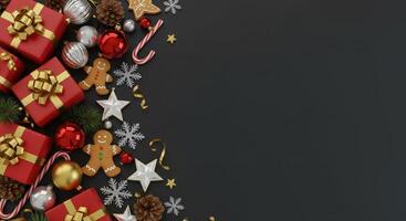 Festive Christmas background with gift boxes, ornaments, gingerbread men, snowflakes, and candy canes on a dark surface with copy space. photo