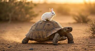 Cute white rabbit rides on the back of a tortoise in a desert landscape during sunset. Concept of friendship, teamwork, and overcoming challenges together. photo