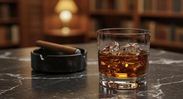 Whiskey glass with ice cubes and a cigar on a marble table in a library setting create a sophisticated still life scene. photo