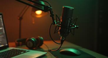 Condenser microphone on boom arm over desk with laptop, headphones, mouse, and lamp. Studio setup for podcasting, streaming, or recording audio. photo