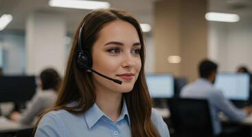 Smiling woman with headset working in a call center. Female customer service representative assisting clients in an office environment. photo