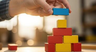 Hand adding blue block to tower of red and yellow toy blocks. Development, education and creative concept. Colorful wooden bricks game for children. photo