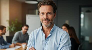 Confident businessman with arms crossed smiles in office with colleagues during meeting. Leadership, teamwork, business strategy concepts. photo