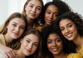 Group of six diverse women smiling and looking at camera. Multiethnic females posing together in a close up shot, showcasing friendship, unity, and women empowerment. photo
