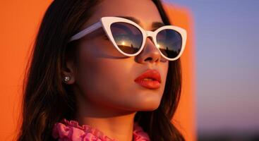 Stylish woman in sunglasses reflects a sunset. Portrait of a fashionable girl with red lips and white cat eye sunglasses during golden hour. photo