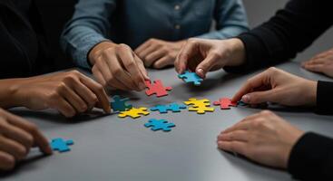 Business team assembling jigsaw puzzle pieces on a table, symbolizing collaboration, teamwork, strategy, and problem solving in a corporate setting. photo