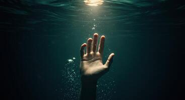 Mans hand reaching up from dark water with bubbles, illuminated by light from above. Concept for drowning, need for help, or rescue in the deep sea. photo