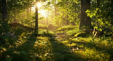 Sunlight shines through trees in a forest, illuminating a path covered with grass and moss. The scene captures the serene beauty of nature in a woodland environment. photo