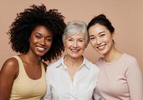 Three smiling women of diverse ethnicities and ages pose together against a neutral backdrop, showcasing unity, beauty, and the concept of multigenerational connections. photo