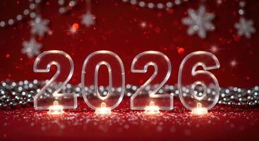 Illuminated 2026 number display on red surface with silver beads and snowflake ornaments. Decorative lights for New Year celebration and festive season greetings. photo