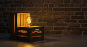 Illuminated Edison style light bulb in a wooden crate, casting warm light against a brick wall. Rustic design, vintage style, and cozy interior lighting concept. photo