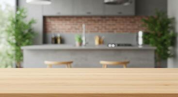 Wooden tabletop with blurred kitchen in background. Countertop for product display, mockup, and presentation in interior. Modern domestic space. photo