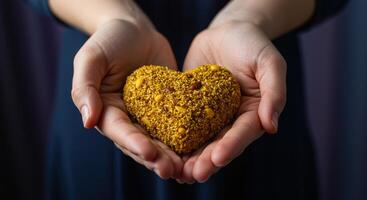 Female hands gently hold a heart shaped object filled with golden spices, seeds, and small nuts, showcasing care and affection. photo
