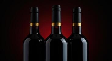 Three unlabeled bottles of red wine stand side by side against a dark background, suggesting a tasting or selection of fine wines. photo