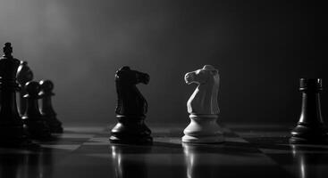 Monochrome image features a chessboard with chess pieces, including knights, pawns, rook, and king, set against a dark, smoky backdrop, creating a strategic atmosphere. photo