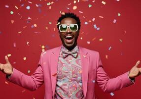 Enthusiastic African American man in pink suit and glasses celebrates with confetti against a red backdrop, conveying joy and festive mood. photo
