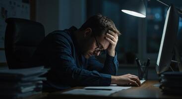 Stressed businessman working late at desk with computer, paperwork, and lamp. Frustrated man with headache in dark office at night. photo