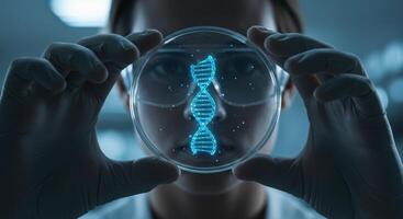 Scientist in lab holding petri dish with DNA structure. Genetic research and biotechnology concept. Medicine analyzing deoxyribonucleic acid in laboratory. photo