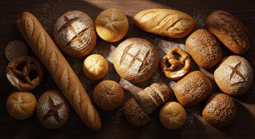 Flat lay of artisan bread and pastries on a dark brown wooden table. Includes baguette, pretzel, rolls, and loafs with flour dusting. Food concept. photo