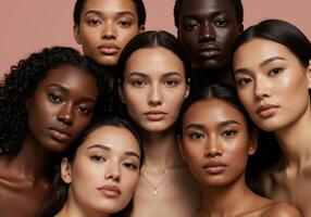Diverse group of women with various skin tones and ethnicities. Beauty portraits showcase natural makeup, skincare, and multicultural representation on neutral backdrop. photo