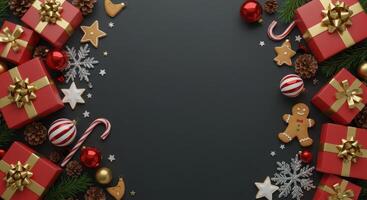 Festive Christmas background with red gift boxes, ornaments, gingerbread man, candy cane, pine cones, snowflakes, and fir branches arranged on dark surface. photo