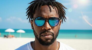Close up of African man with dreadlocks wearing sunglasses on beach with turquoise sea and white umbrellas reflecting in lenses on sunny day. photo