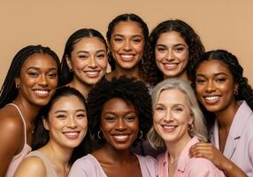 Group portrait of eight smiling diverse women of different ethnicities and ages, posing together against a neutral background. Beauty and skincare concept. photo