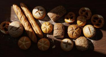 Overhead shot of assorted artisan breads and pastries on a dark wooden table. Baguettes, pretzels, and seeded loaves create a delicious bakery display. photo