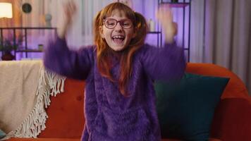 Excited happy girl surprised, shocked by sudden victory, good win news, celebrating, wow reaction video
