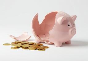 Broken pink piggy bank with gold coins on a white background. Symbolizes financial loss, economic crisis, or the end of savings. Concept of investment risk. photo