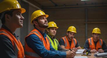 Group of construction workers in hard hats and safety vests attending a meeting at a table, discussing plans and taking notes in a workplace setting. photo