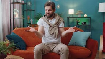 Caucasian man guy asking why, what reason of failure demonstrating disbelief irritation by troubles video