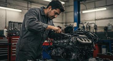 Automotive mechanic working on car engine in garage. Repairman in uniform using wrench to fix motor. Vehicle maintenance and service concept. Car repair shop background. photo