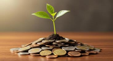 Green sprout growing from a pile of coins on a wooden surface, symbolizing financial growth, investment, and the concept of money growth. photo