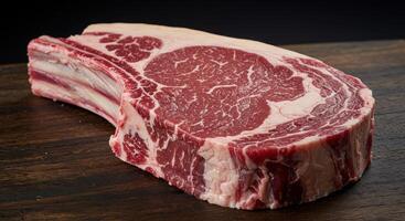 Raw tomahawk steak on dark wood surface. Fresh beef ribeye with bone, rich marbling, for grilling and barbecue, close up. photo