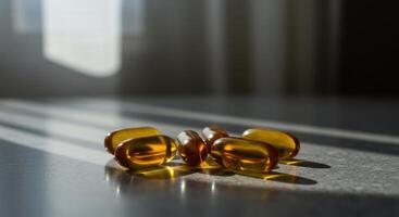 Several translucent yellow gel capsules on a gray surface with light and shadows. Concept of dietary supplements, vitamins, nutrition, health. photo
