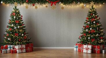Decorated Christmas trees with gifts and ornaments stand on a wooden floor against a gray wall with garland. Festive holiday background. photo
