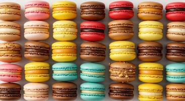 Rows of colorful macarons on a white surface. These almond meringue cookies are sweet, delicious, and visually appealing. Confectionery concept. photo