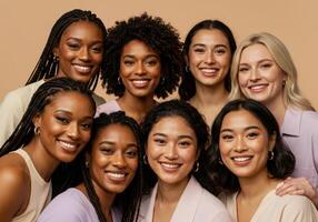 Diverse group of smiling women with different skin tones and hairstyles looking at the camera on a neutral background. Beauty and inclusion concept. photo