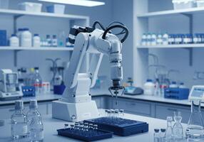 Automated robotic arm dispensing liquid into vials in a laboratory setting. Concept for pharmaceutical research, biotechnology, and automated manufacturing. photo