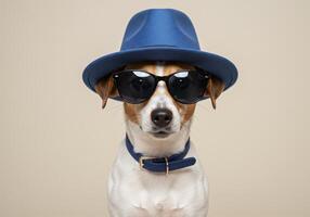 Stylish Jack Russell terrier dog wearing a blue hat, sunglasses, and collar, looking directly at the camera with a neutral expression against a plain backdrop. photo
