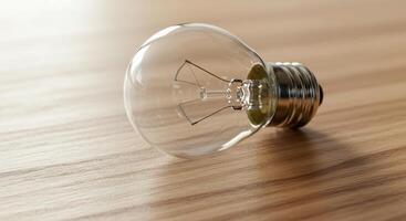 Clear light bulb on a wooden surface. The bulb is unlit, showcasing the filament and its design. Concept for energy, innovation, and ideas. photo